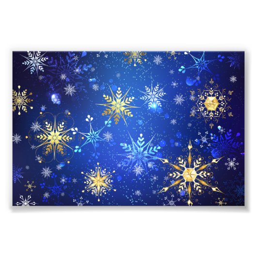 XMAS Blauwe Achtergrond met Golden Snowflakes Foto Afdruk (Voorkant)