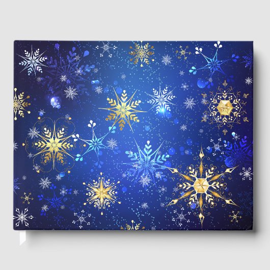 XMAS Blauwe Achtergrond met Golden Snowflakes Gastenboek (Voorkant)