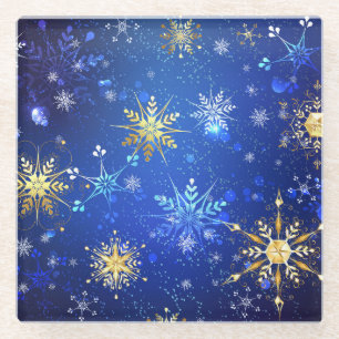 XMAS Blauwe Achtergrond met Golden Snowflakes Glazen Onderzetter