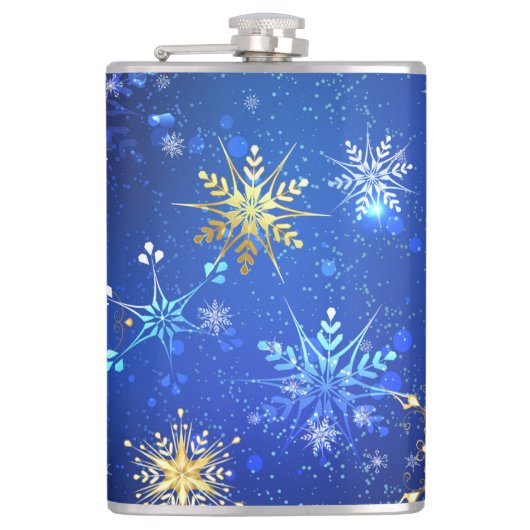 XMAS Blauwe Achtergrond met Golden Snowflakes Heupfles (Voorkant)
