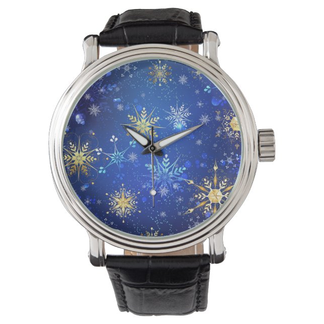 XMAS Blauwe Achtergrond met Golden Snowflakes Horloge (Voorkant)