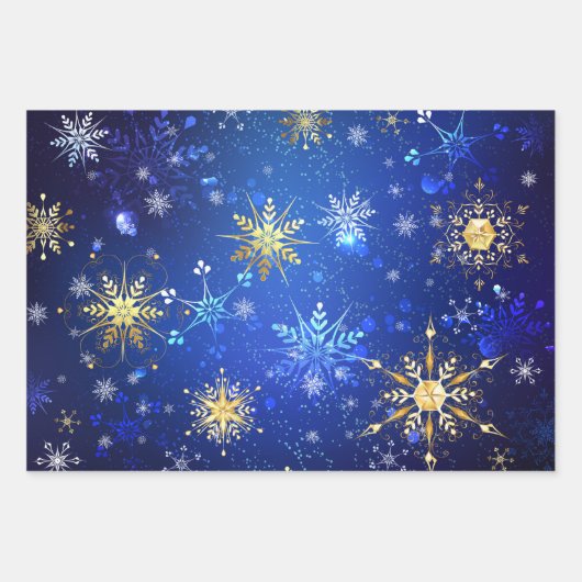 XMAS Blauwe Achtergrond met Golden Snowflakes Inpakpapier Vel (Voorkant)