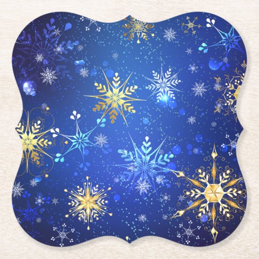 XMAS Blauwe Achtergrond met Golden Snowflakes Kartonnen Onderzetters (Voorkant)