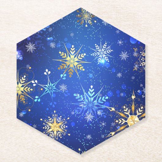 XMAS Blauwe Achtergrond met Golden Snowflakes Kartonnen Onderzetters (Voorkant)
