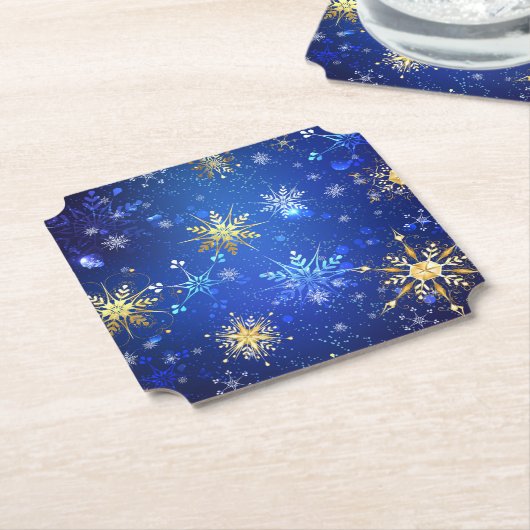 XMAS Blauwe Achtergrond met Golden Snowflakes Kartonnen Onderzetters (Gekanteld)