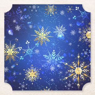 XMAS Blauwe Achtergrond met Golden Snowflakes Kartonnen Onderzetters