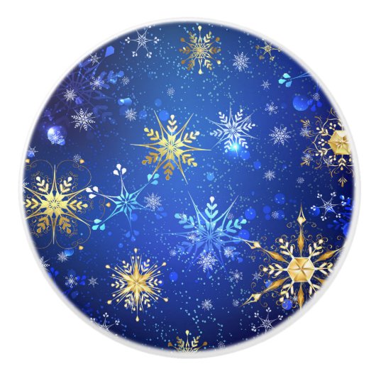 XMAS Blauwe Achtergrond met Golden Snowflakes Keramische Knop (Voorkant)