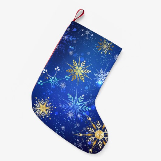 XMAS Blauwe Achtergrond met Golden Snowflakes Kleine Kerstsok (Voorkant (Hangend))