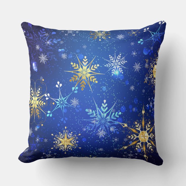 XMAS Blauwe Achtergrond met Golden Snowflakes Kussen (Voorkant)