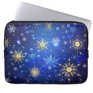 XMAS Blauwe Achtergrond met Golden Snowflakes Laptop Sleeve