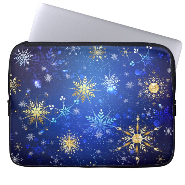 XMAS Blauwe Achtergrond met Golden Snowflakes Laptop Sleeve (Voorkant)