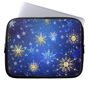 XMAS Blauwe Achtergrond met Golden Snowflakes Laptop Sleeve