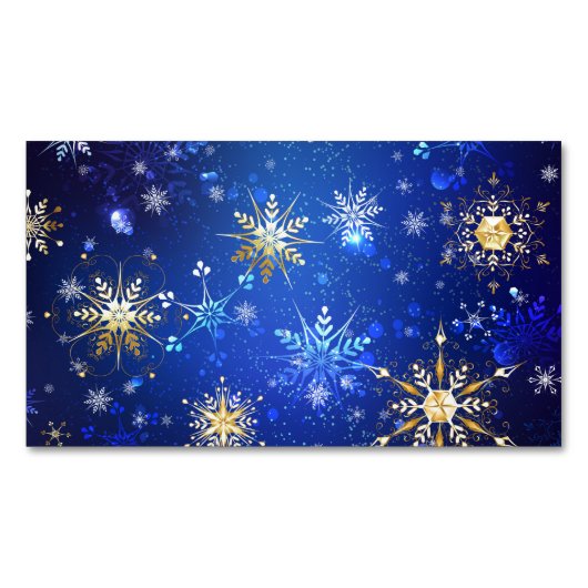 XMAS Blauwe Achtergrond met Golden Snowflakes Magnetisch Visitekaartje (Voorkant)