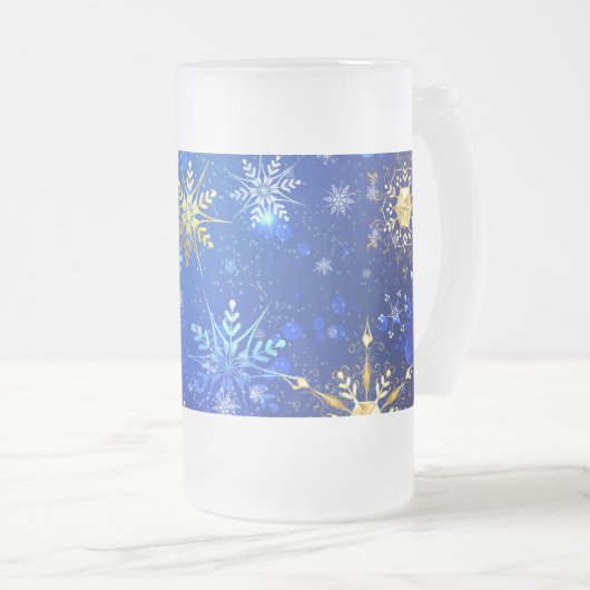 XMAS Blauwe Achtergrond met Golden Snowflakes Matglas Bierpul (Voorkant rechts)