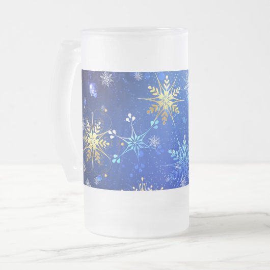 XMAS Blauwe Achtergrond met Golden Snowflakes Matglas Bierpul (Voorkant links)