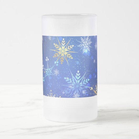 XMAS Blauwe Achtergrond met Golden Snowflakes Matglas Bierpul (Center)