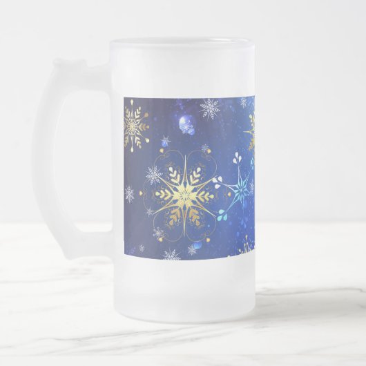 XMAS Blauwe Achtergrond met Golden Snowflakes Matglas Bierpul (Links)