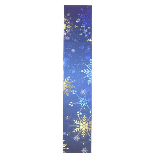 XMAS Blauwe Achtergrond met Golden Snowflakes Medium Tafelloper (Voorkant)