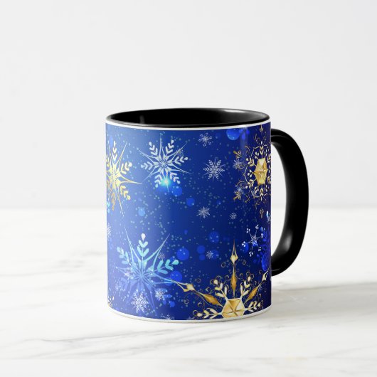 XMAS Blauwe Achtergrond met Golden Snowflakes Mok (Voorkant rechts)