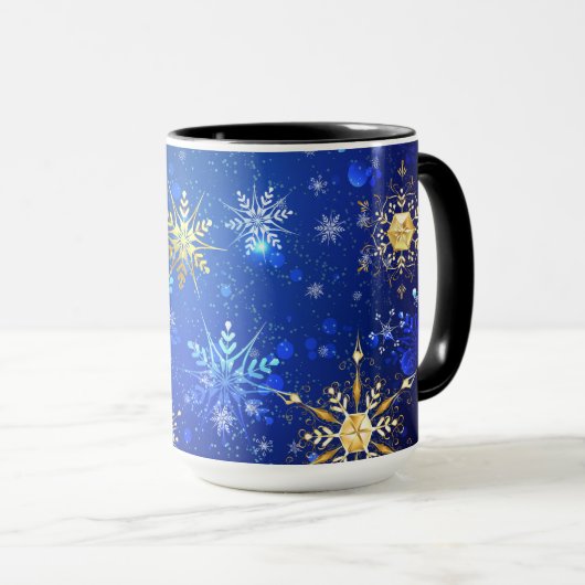 XMAS Blauwe Achtergrond met Golden Snowflakes Mok (Voorkant rechts)