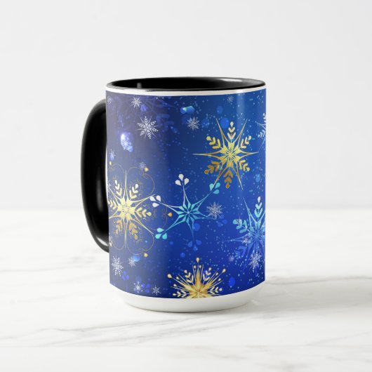 XMAS Blauwe Achtergrond met Golden Snowflakes Mok (Voorkant links)