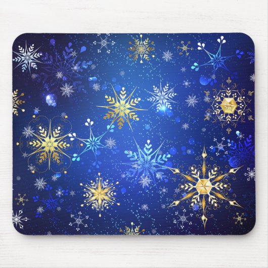 XMAS Blauwe Achtergrond met Golden Snowflakes Muismat (Voorkant)