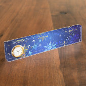 XMAS Blauwe Achtergrond met Golden Snowflakes Naambordje (Zijkant)