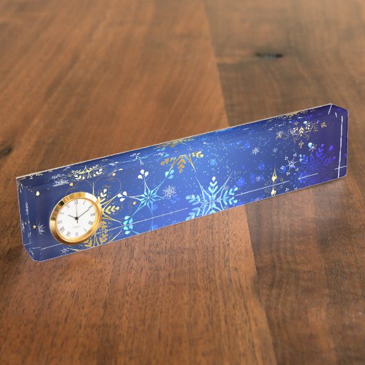 XMAS Blauwe Achtergrond met Golden Snowflakes Naambordje (Zijkant)