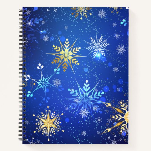 XMAS Blauwe Achtergrond met Golden Snowflakes Notitieboek (Voorkant)
