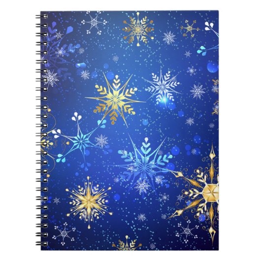 XMAS Blauwe Achtergrond met Golden Snowflakes Notitieboek (Voorkant)