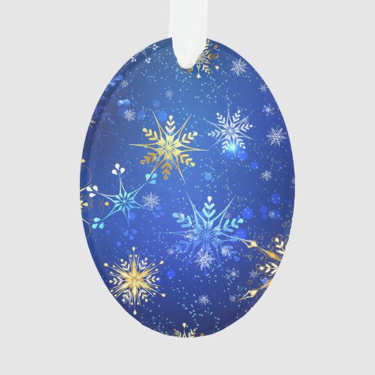 XMAS Blauwe Achtergrond met Golden Snowflakes Ornament (achterkant)