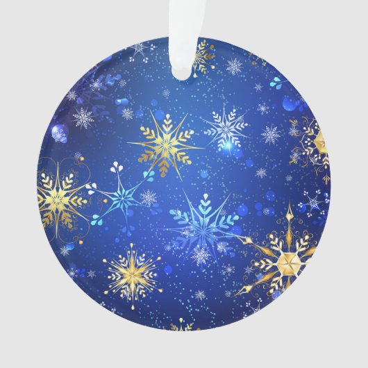 XMAS Blauwe Achtergrond met Golden Snowflakes Ornament (voorkant)