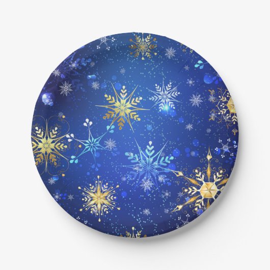 XMAS Blauwe Achtergrond met Golden Snowflakes Papieren Bordje (Voorkant)