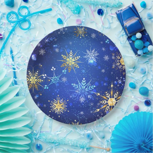 XMAS Blauwe Achtergrond met Golden Snowflakes Papieren Bordje (Feest)