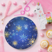 XMAS Blauwe Achtergrond met Golden Snowflakes Papieren Bordje (Feest)