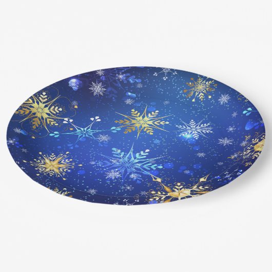 XMAS Blauwe Achtergrond met Golden Snowflakes Papieren Bordje (Gekanteld)