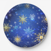XMAS Blauwe Achtergrond met Golden Snowflakes Papieren Bordje (Voorkant)