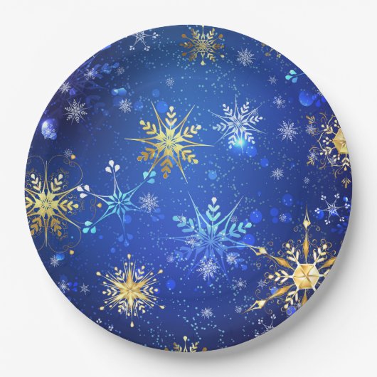 XMAS Blauwe Achtergrond met Golden Snowflakes Papieren Bordje (Voorkant)