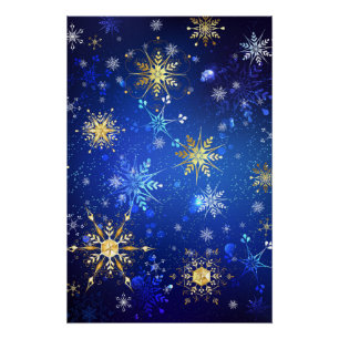 XMAS Blauwe Achtergrond met Golden Snowflakes Perfect Poster