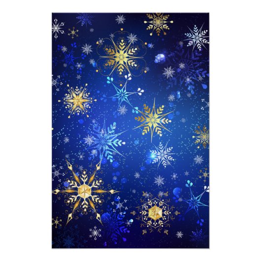 XMAS Blauwe Achtergrond met Golden Snowflakes Perfect Poster (Voorkant)