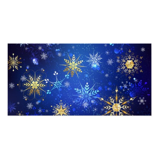XMAS Blauwe Achtergrond met Golden Snowflakes Perfect Poster (Voorkant)