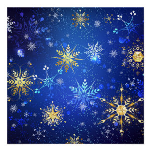 XMAS Blauwe Achtergrond met Golden Snowflakes Perfect Poster