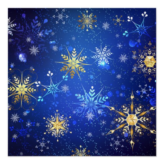 XMAS Blauwe Achtergrond met Golden Snowflakes Perfect Poster (Voorkant)