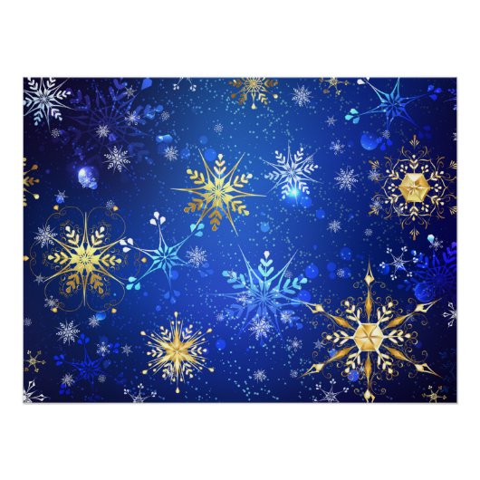 XMAS Blauwe Achtergrond met Golden Snowflakes Perfect Poster (Voorkant)