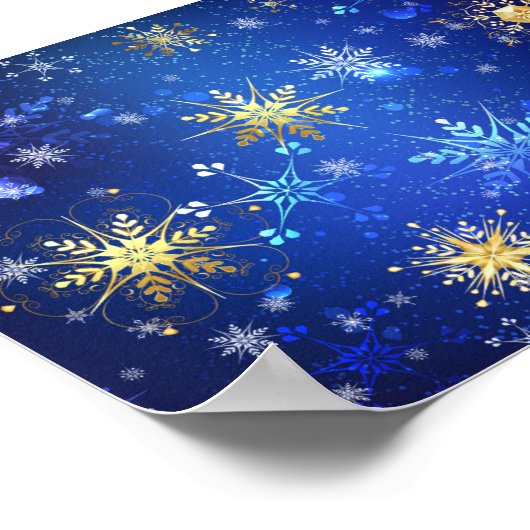 XMAS Blauwe Achtergrond met Golden Snowflakes Poster (Hoek)