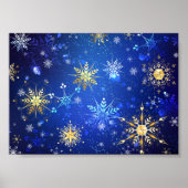 XMAS Blauwe Achtergrond met Golden Snowflakes Poster (Voorkant)