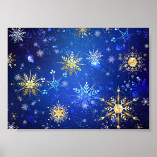 XMAS Blauwe Achtergrond met Golden Snowflakes Poster