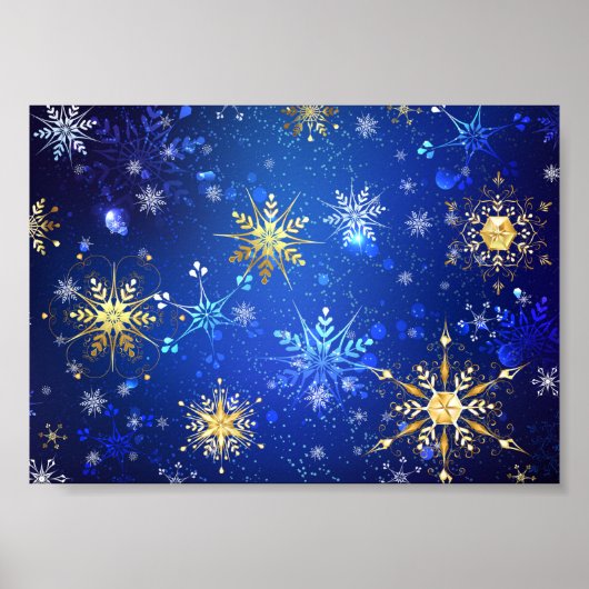 XMAS Blauwe Achtergrond met Golden Snowflakes Poster (Voorkant)
