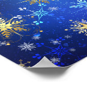 XMAS Blauwe Achtergrond met Golden Snowflakes Poster (Hoek)