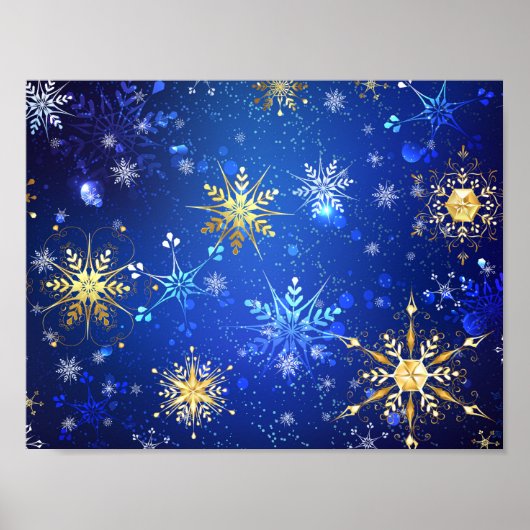 XMAS Blauwe Achtergrond met Golden Snowflakes Poster (Voorkant)